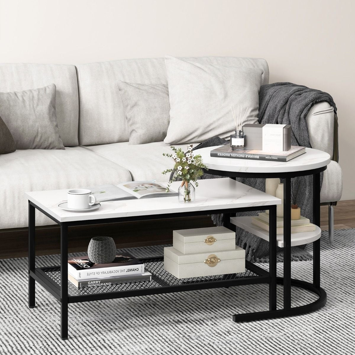 Coast Side Table - Set of 2 - Marble print - White/Black