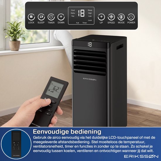 Climatiseur portable Eriksson - 10 000 BTU - Kit d'étanchéité pour fenêtre inclus - Jusqu'à 30 m² - 4-en-1 - Climatisation - Ventilateur - Déshumidificateur - Noir