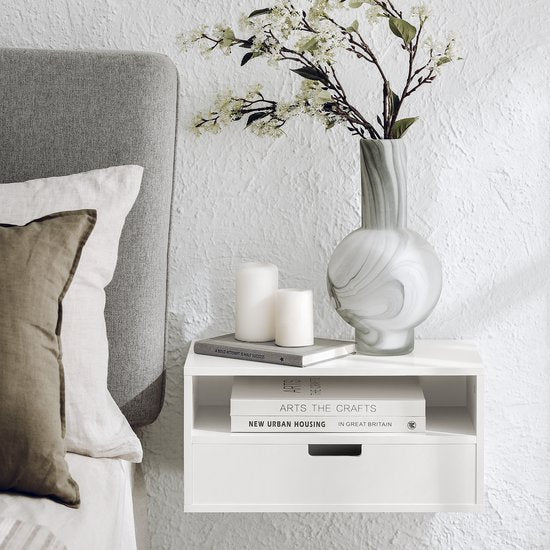 SoBuy Set de 2 tables de nuit flottantes - Table d'appoint suspendue - Meuble haut - Etagère murale avec 1 tiroir - Blanc, 45x25x22 cm, NKD03-Wx2