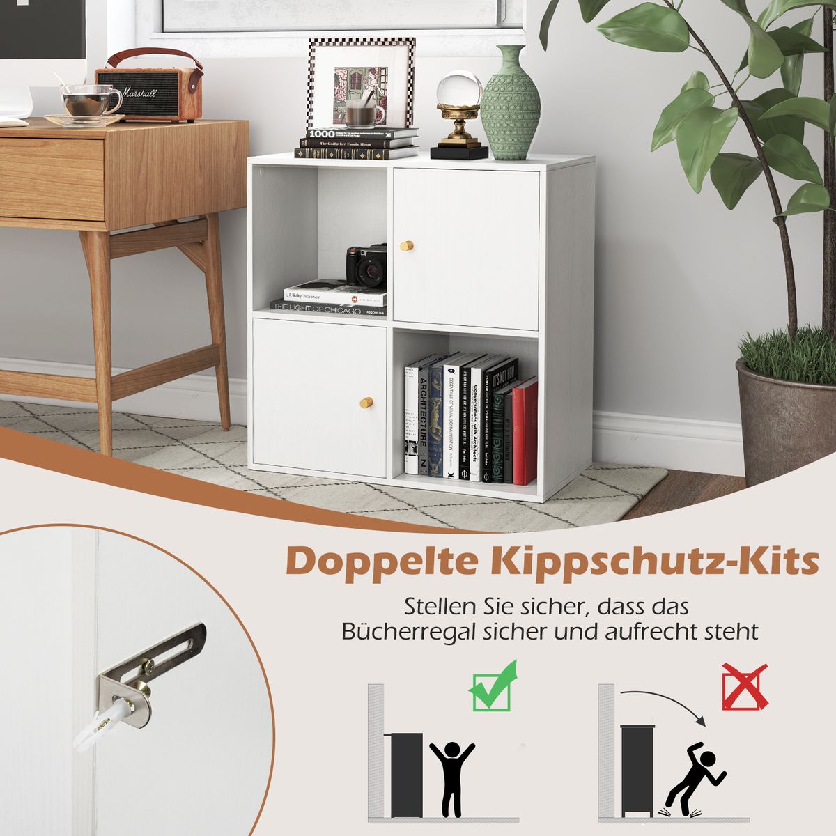 Bibliothèque Coast à 4 compartiments - avec dispositif anti-basculement - 2 portes - blanche - 60 x 29 x 60 cm