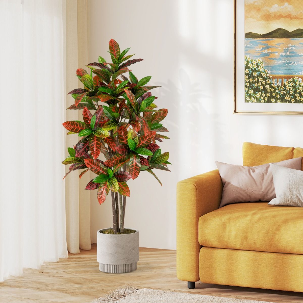 Plante artificielle Coast « Croton Palm » - tronc en bois véritable - feuilles colorées - 150 cm