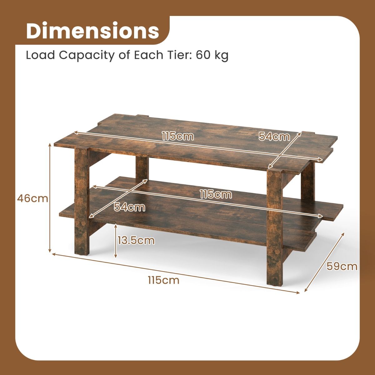 Table basse Coast - 2 niveaux - avec étagère de rangement - noyer/noir - 115 x 59 x 46 cm
