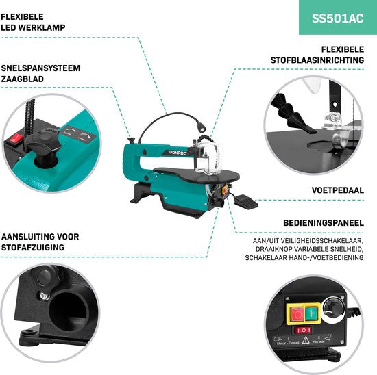 VONROC Scie circulaire 120W - avec pédale - Lampe de travail LED - Souffleur de poussière flexible - 6 lames de scie incluses