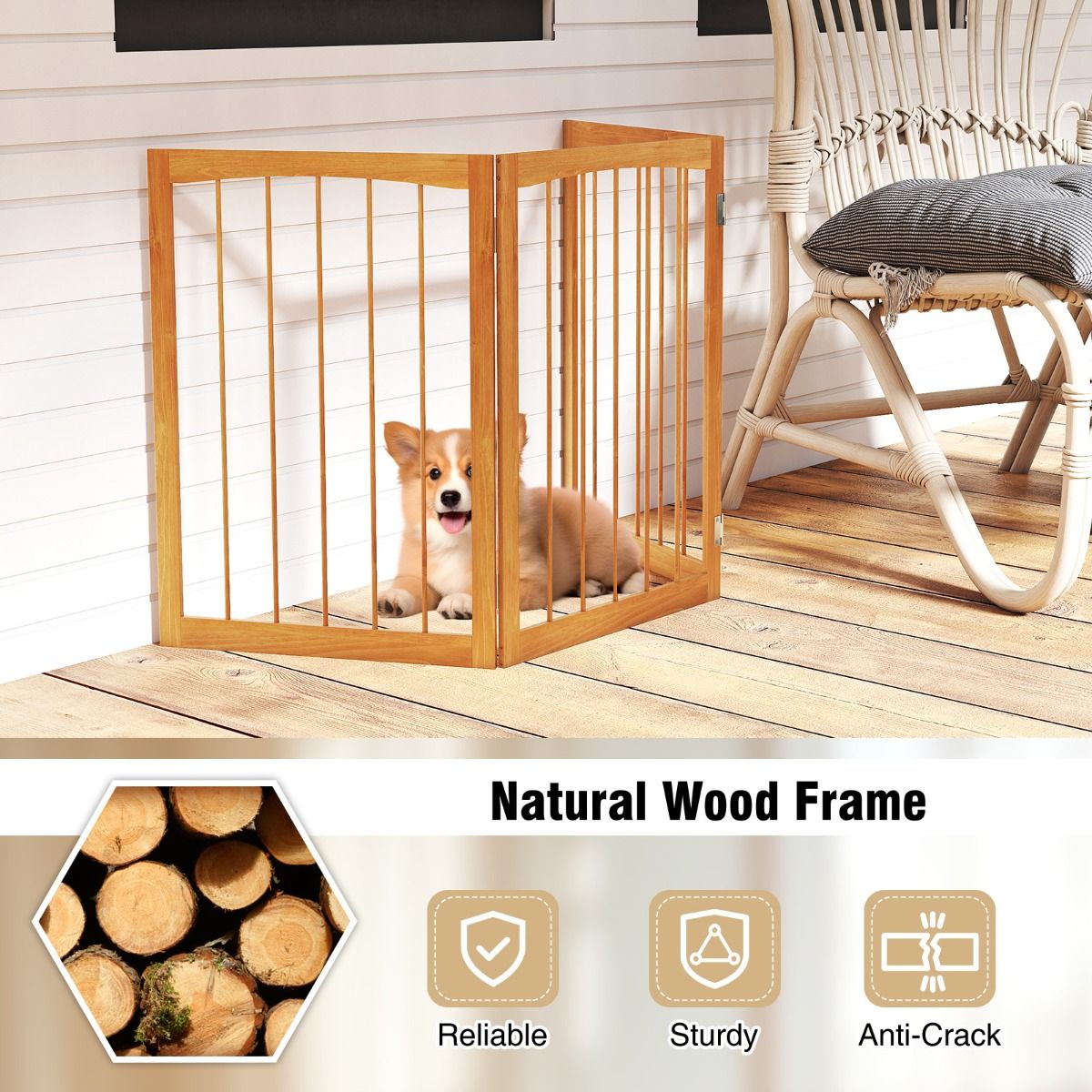 Barrière de sécurité pour chiens Coast - Barrière de protection pliable en 3 parties - bois naturel - 76 cm de haut