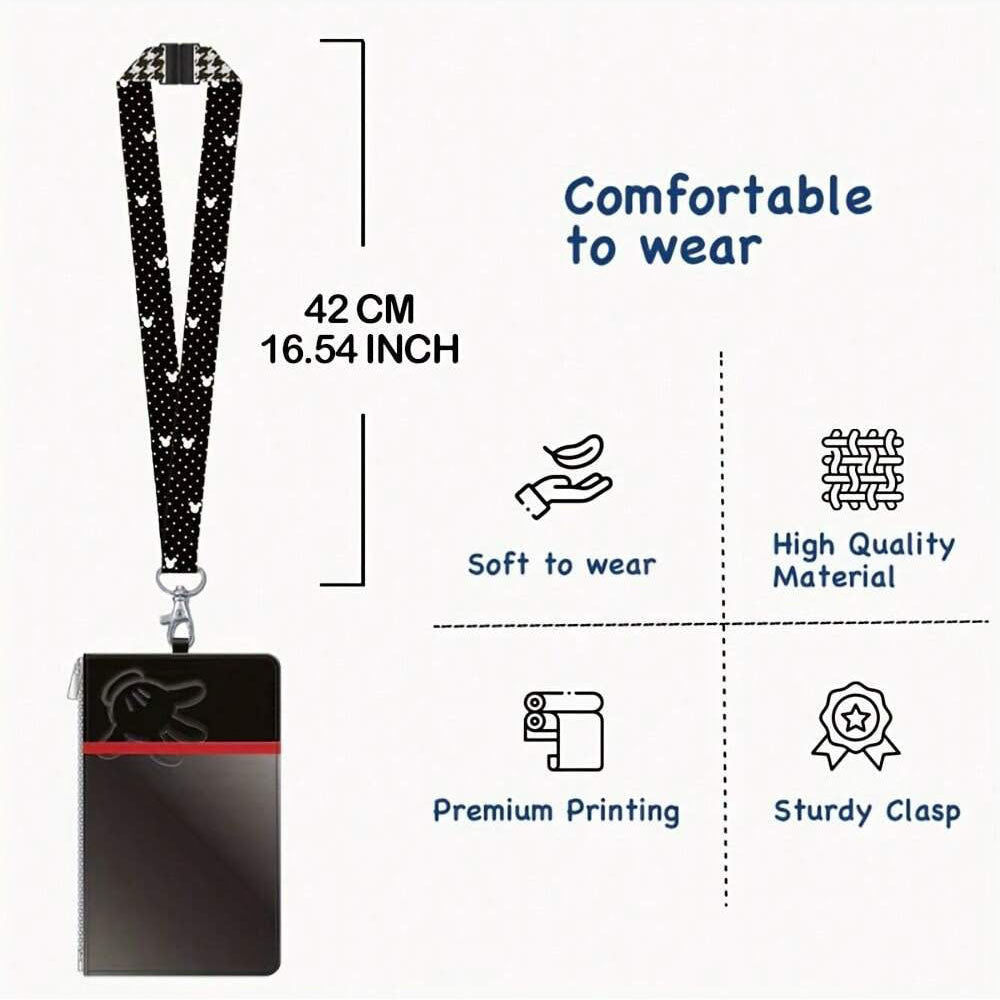 Porte-carte Disney Mickey Mouse avec cordon – Sous licence officielle – Motif pied-de-poule – Thème films et anime – Accessoire élégant noir