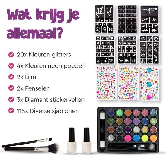 Partizzle Set complet de tatouages pailletés - Filles / Garçons - Gabarits de maquillage, colle et pinceaux - Kit d'artisanat pour faux tatouages au néon - Cadeau de carnaval pour les enfants - 24 couleurs / Biodégradable