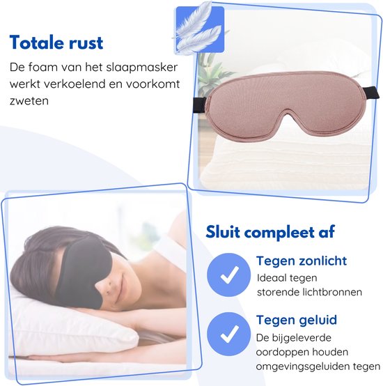 Hilvard - Masque de sommeil - Masque oculaire - Bouchons d'oreilles inclus - 100% occultant - Ajustable - Ergonomique - Rose