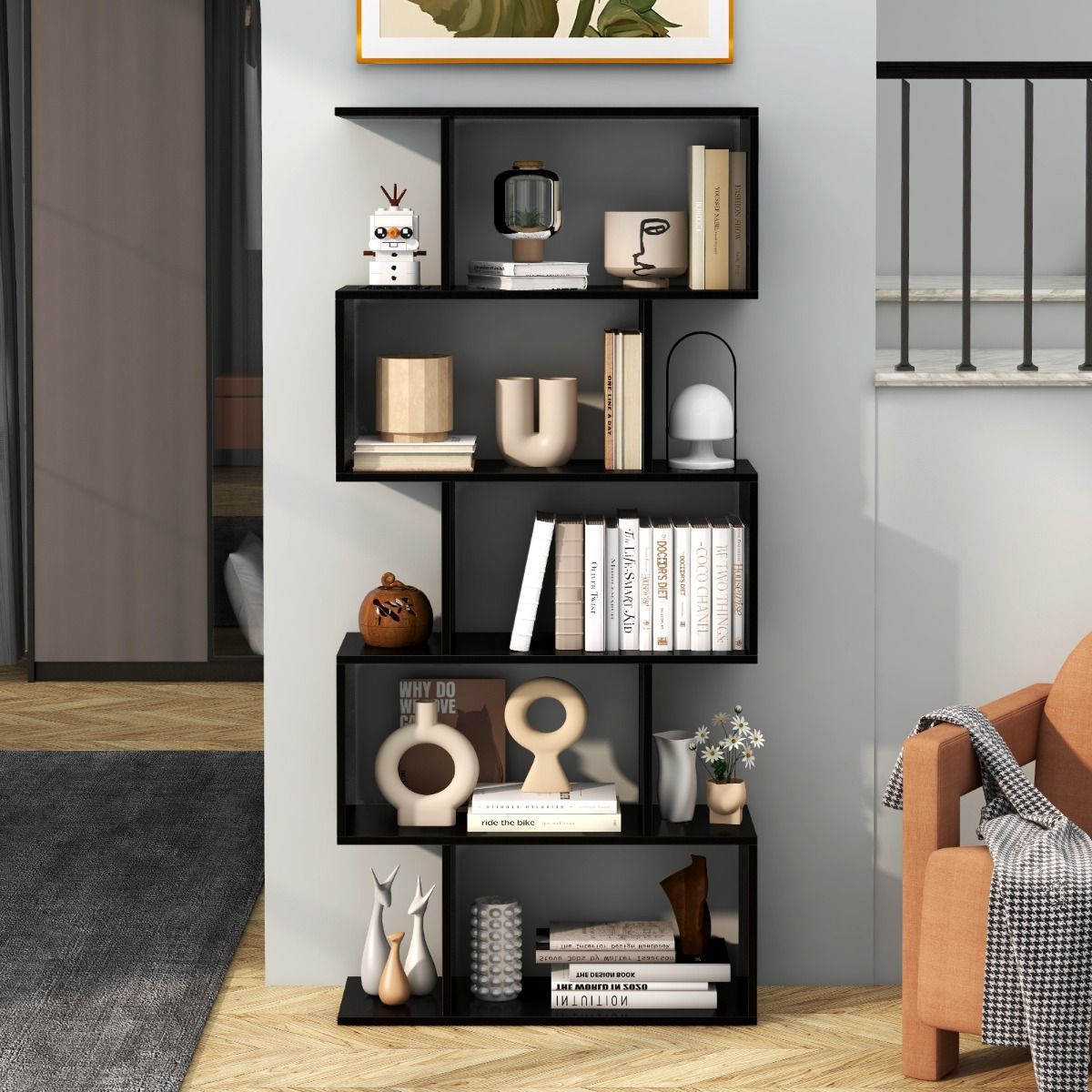Bibliothèque Coast en forme de S - 5 étagères - meuble de rangement anti-basculement - noir - 70 x 23,5 x 158 cm
