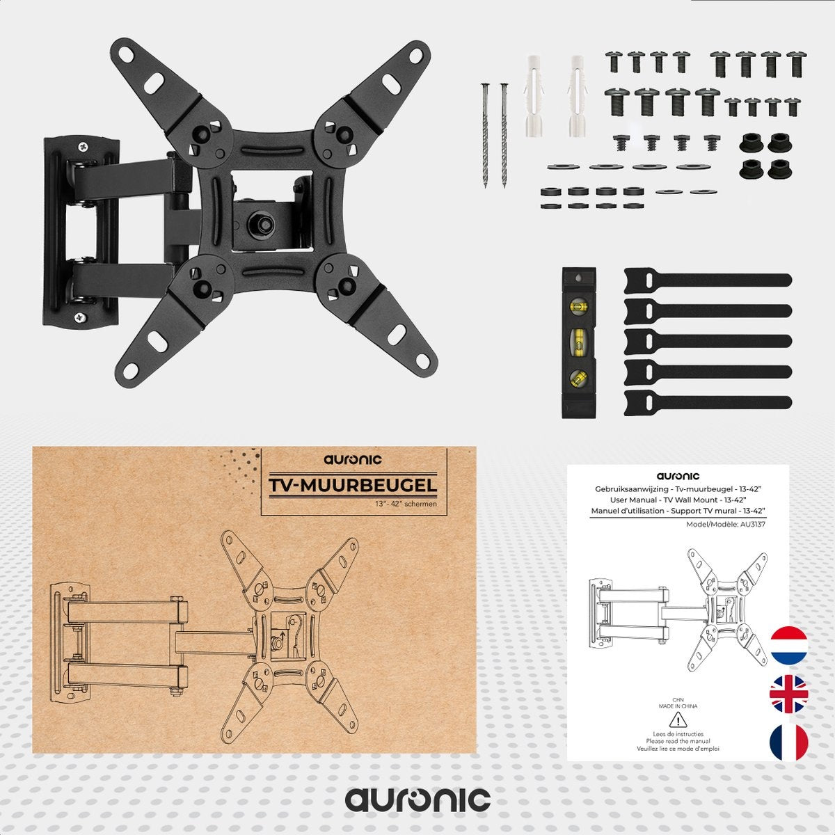 Support TV - Auronic - Support mural pour TV - pivotant et inclinable - 13 à 42 pouces - 20kg max - Noir