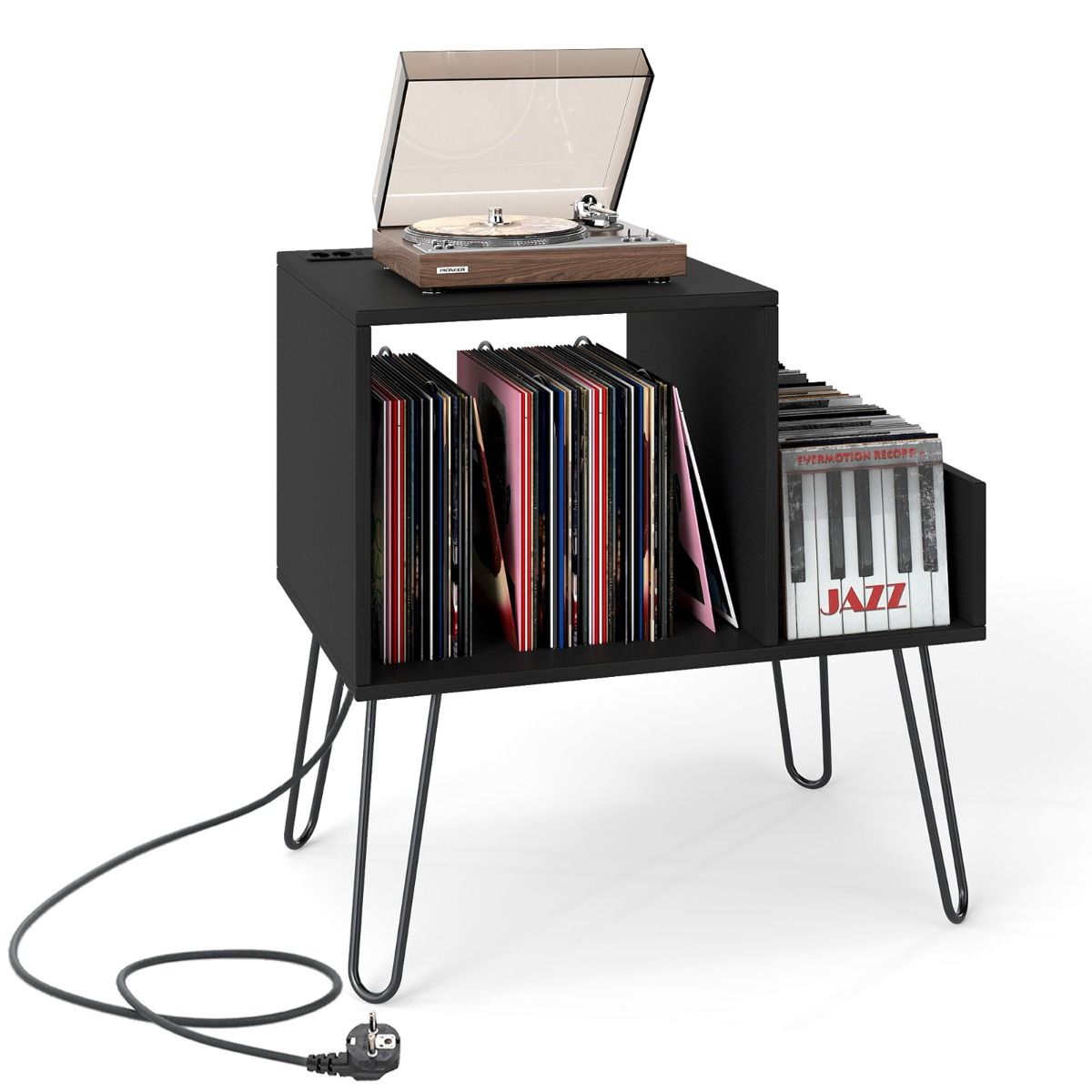 Pied pour platine vinyle Coast - table d'appoint avec prise électrique et port USB - style mid-century - blanc/noir/marron - 66 x 45 x 67 cm
