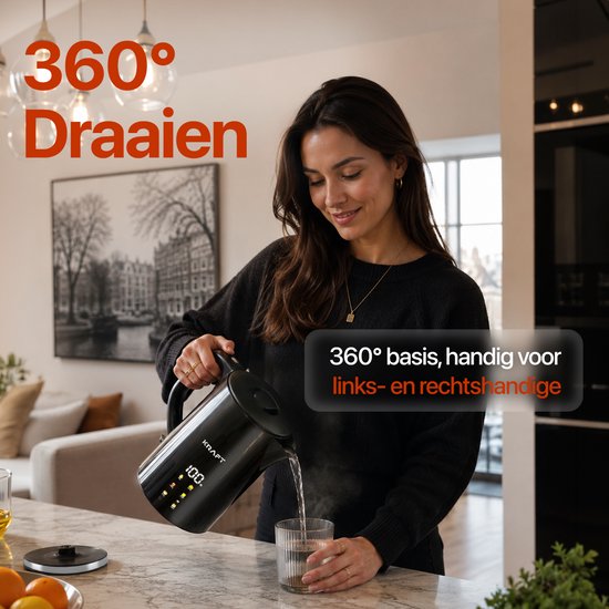 Bouilloire électrique KRAFT avec réglage de la température - 1,7 litre - Écran tactile LED - Noir - 2 200 W