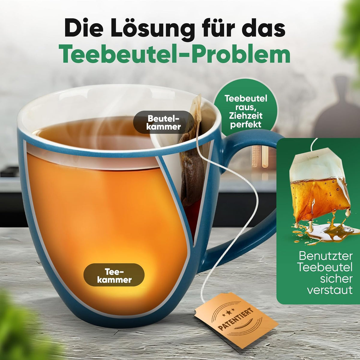 Neighbour's Friend Tasse à thé brevetée bleue Boîte cadeau I Tasse en céramique grande 325ml I Tasse à thé en faïence I Tasse en céramique pour le thé I Tasses à thé lavables au lave-vaisselle I Design moderne pour les buveurs de thé