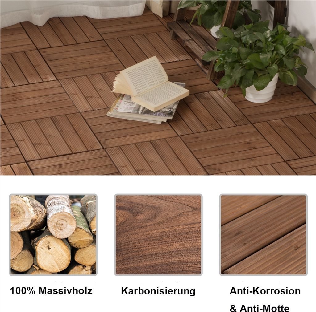 Dalles en bois à emboîter Yaheetech - 11 pièces - Environ 1 m² - 30 x 30 cm - Marron