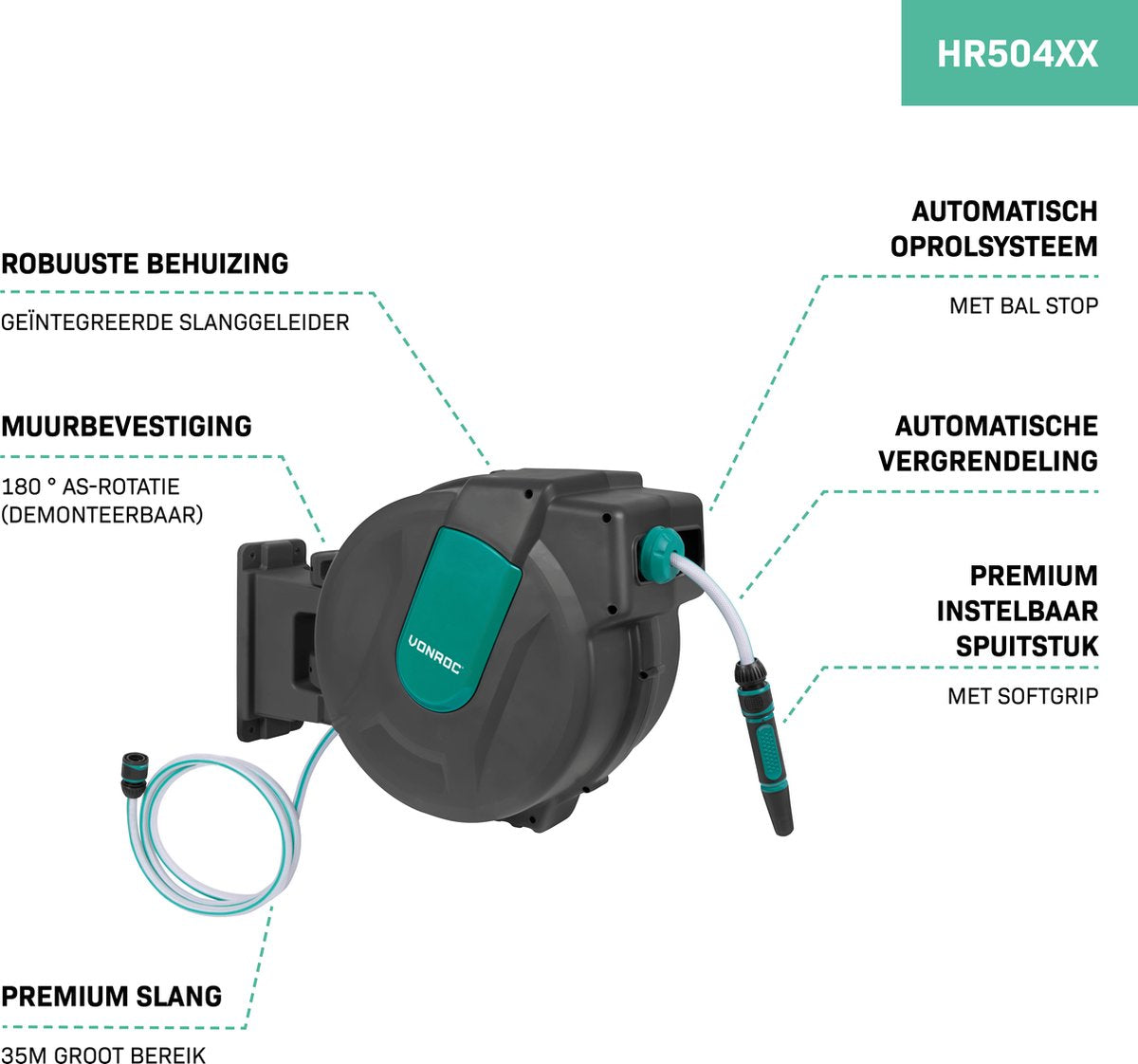 VONROC Wall Hose Box - Comprend un tuyau d'arrosage de 35 m, un tuyau de raccordement, une buse, des raccords et un robinet - Système d'enroulement automatique