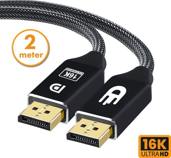 Drivv. Câble DisplayPort 2.1 - 16K 60Hz 8K 120Hz 4K 144Hz - 80Gbps - DisplayPort vers DisplayPort - Câble DP - 2 mètres - Noir