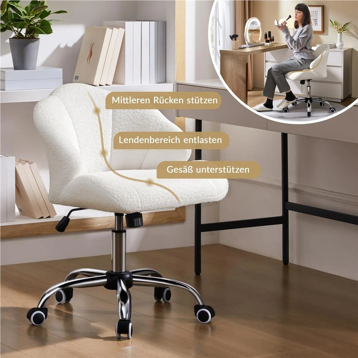 Yaheetech : élégante chaise pivotante au design en coquille, 76,5-86 cm – Blanc neige – Polyester et métal