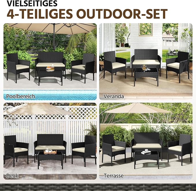 Ensemble de salon en polyrotin 4 pièces Yaheetech – Canapé 2 places, 2 fauteuils et table en verre – Noir/Gris