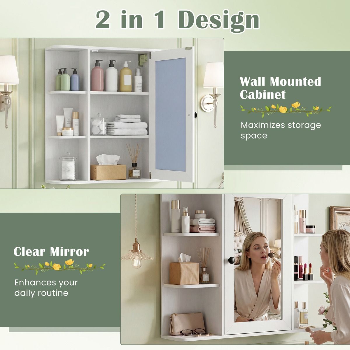 Meuble de salle de bains Coast avec miroir - six compartiments ouverts - trois compartiments intérieurs - blanc/marron rustique