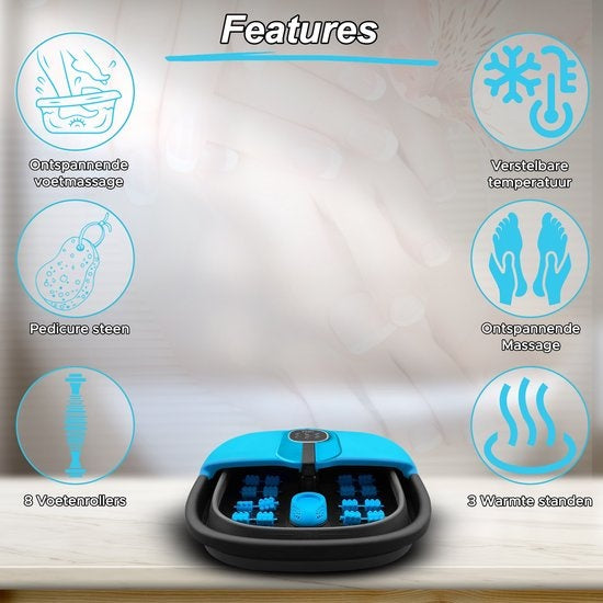 Sanbo Bain de pieds - Massage - Noir / Bleu - Chauffe jusqu'à 49°C - Pliable - Appareil de massage des pieds