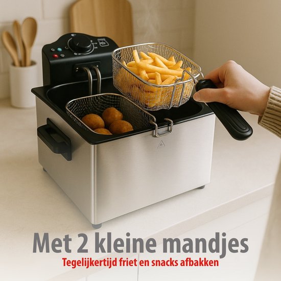 Friteuse Alpina 5 litres - Friteuse double avec 3 paniers - Friteuse à température réglable jusqu'à 190 °C - Friteuse 2 000 W - avec hublot - en acier inoxydable