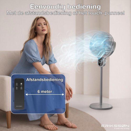 Ventilateur sur pied Eriksson - Silencieux et puissant 45 W - 8 vitesses - Réglable - Ventilateur sur pied - Gris
