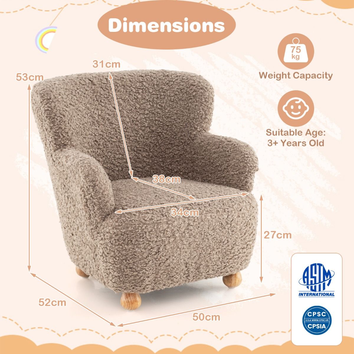 Fauteuil pour enfant Coast avec dossier - pieds en bois - chaise rembourrée pour enfant - marron clair