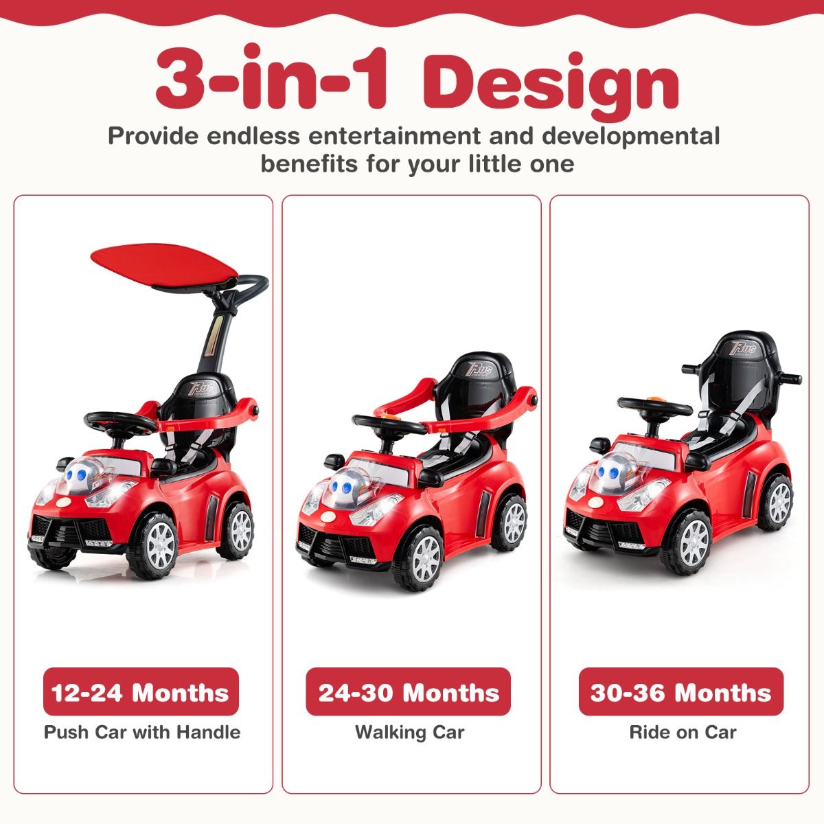 Voiture à roulettes 3-en-1 Coast avec poignée de poussée - compartiment de rangement - pare-soleil réglable - rouge
