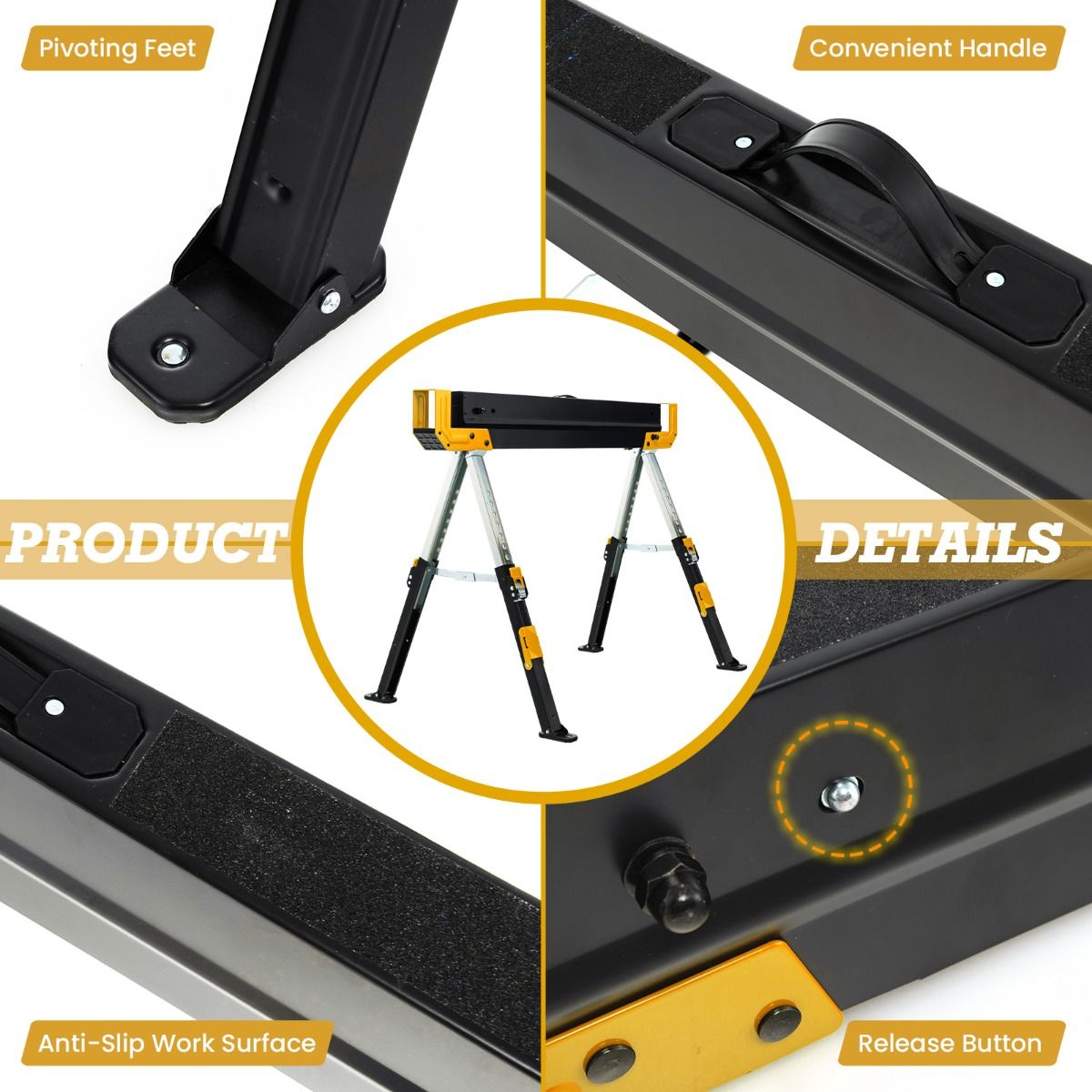 Ensemble de 2 chevalets de sciage pliants Coast - Réglables en hauteur - Surface supérieure antidérapante en PVC - Jaune et noir