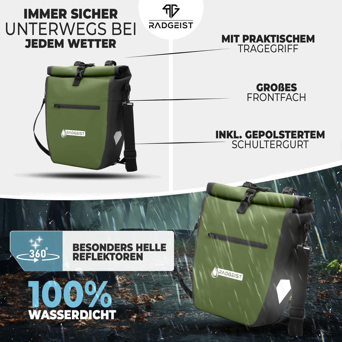 Sac à vélo radgeist pour porte-bagages, imperméable – avec bandes réfléchissantes – sac latéral 2-en-1