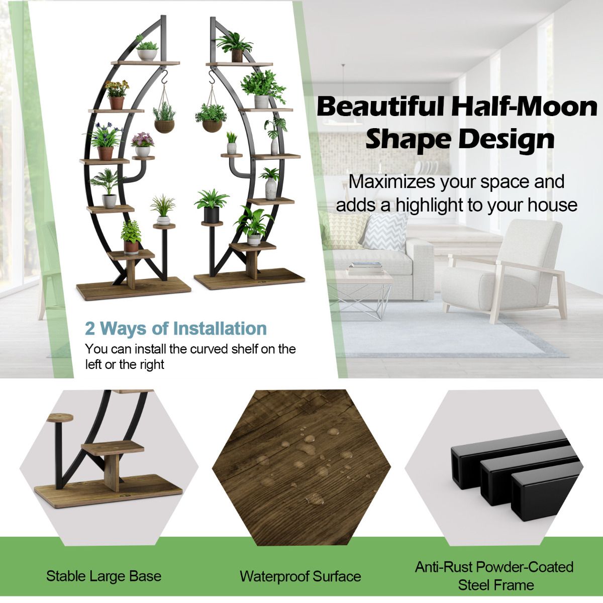 Coast Support pour plantes (lot de 2) - 7 couches, design croissant et échelle - 60 x 30 x 155 cm - métal/bois composite - noir