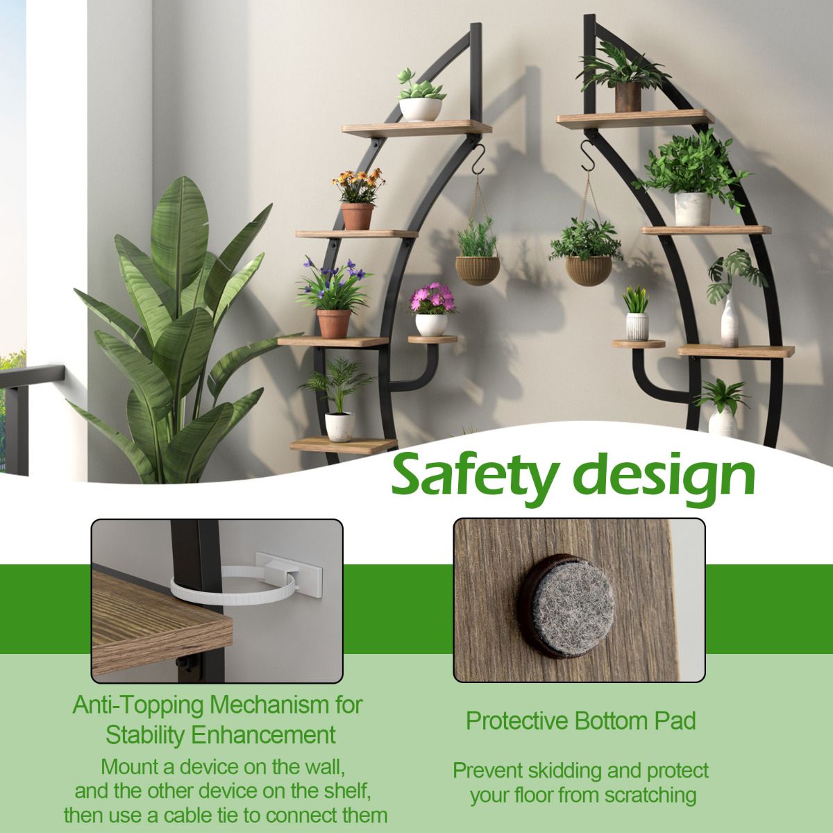 Coast Support pour plantes (lot de 2) - 7 couches, design croissant et échelle - 60 x 30 x 155 cm - métal/bois composite - noir