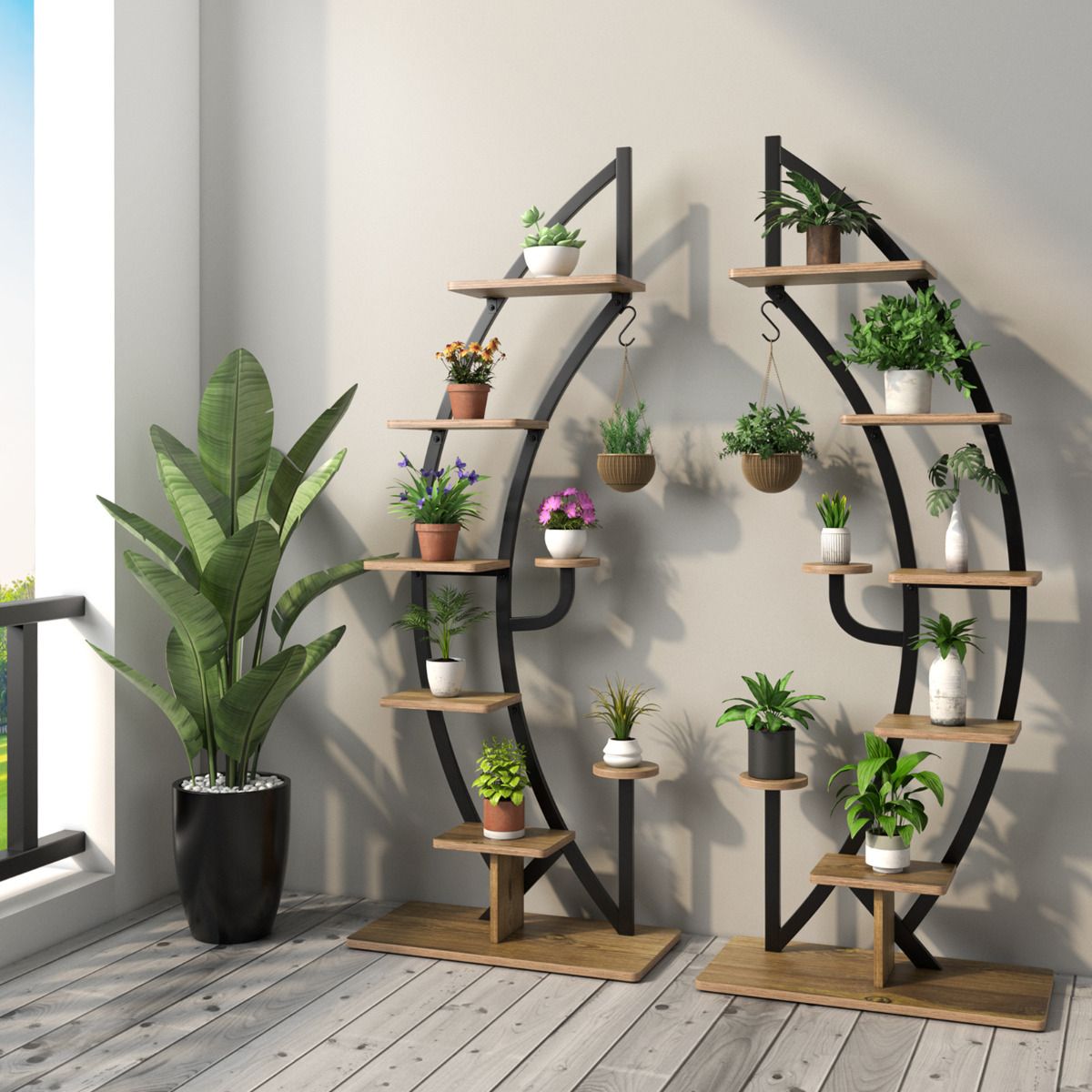 Coast Support pour plantes (lot de 2) - 7 couches, design croissant et échelle - 60 x 30 x 155 cm - métal/bois composite - noir