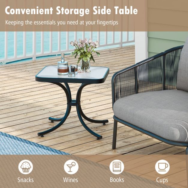 Costway Table de jardin - Verre trempé et cadre métallique - 50 x 50 x 45 cm - Noir