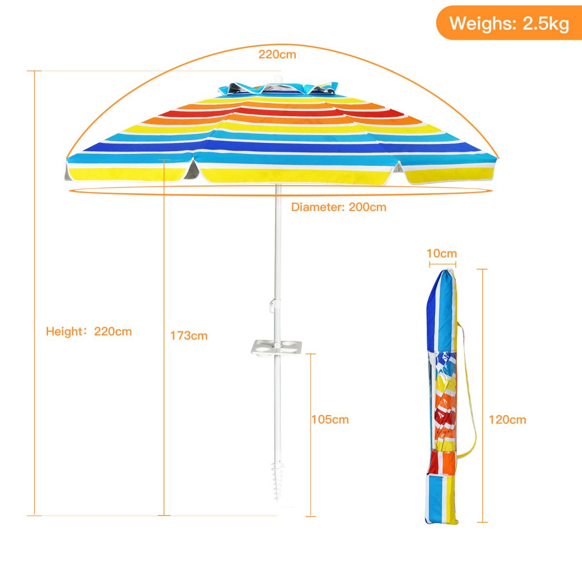 Coast 220 cm Beach Umbrella UPF50 - Parasol portable multicolore avec parasol inclinable