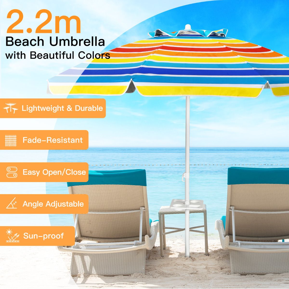 Coast 220 cm Beach Umbrella UPF50 - Parasol portable multicolore avec parasol inclinable