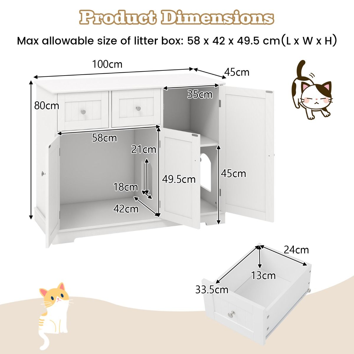 Coast Hidden Cat Cabinet - blanc - 100 x 45 x 80 cm - Meuble pour chat en bois avec rangement et tiroirs