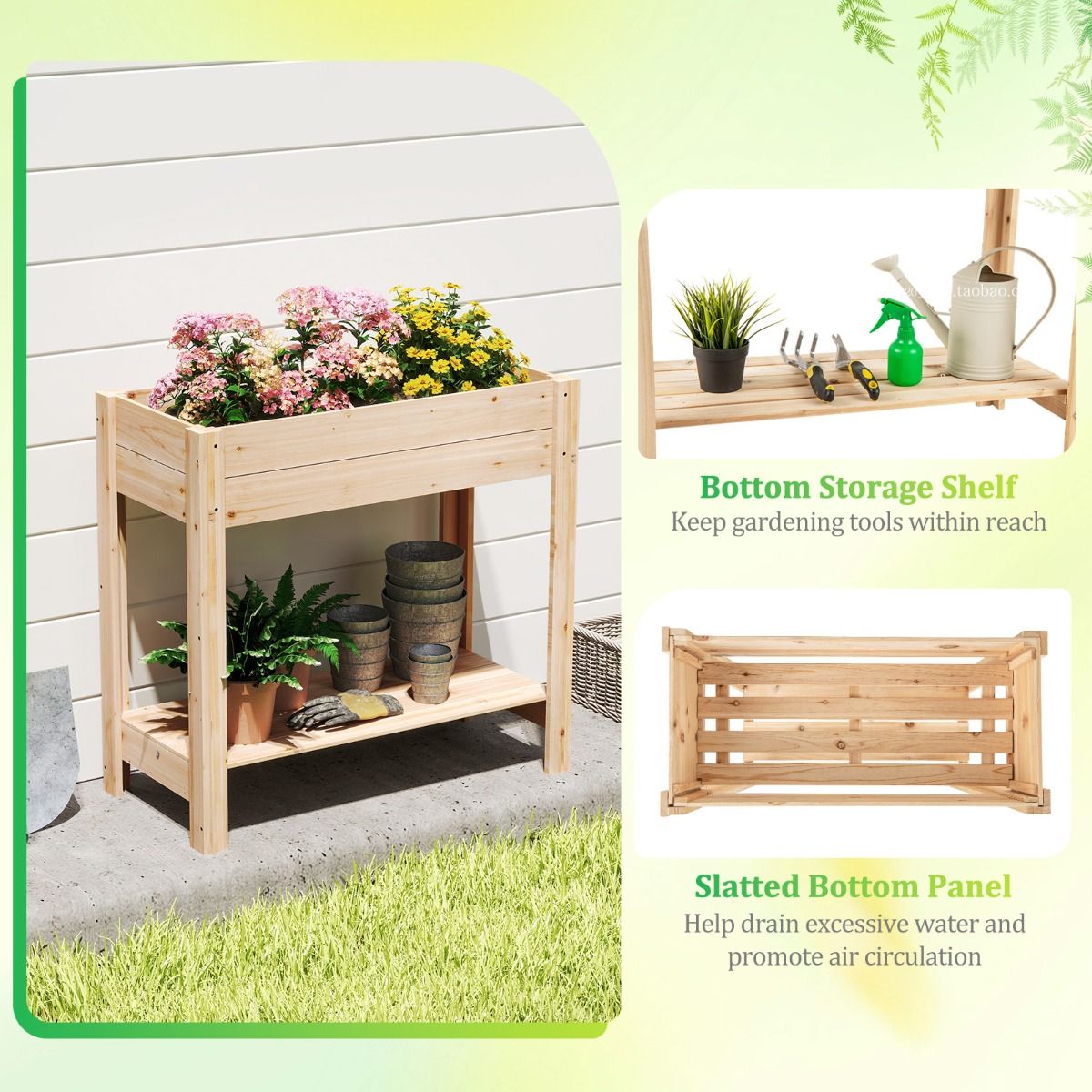 Coast Plateau de jardin surélevé en bois avec support de rangement - Épicéa naturel - 81 x 38 x 77 cm