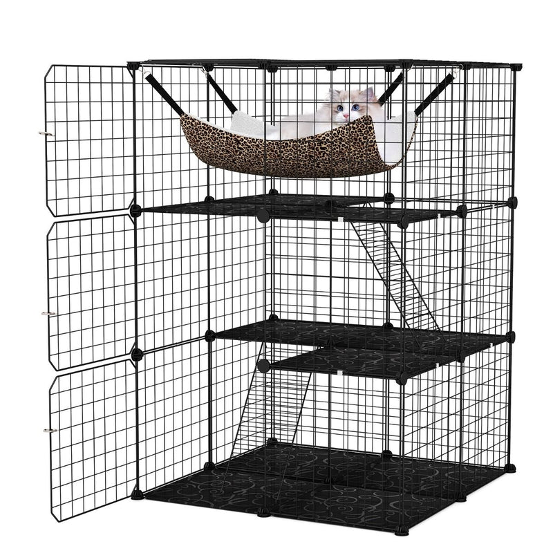 Parc à chat Coast 107 cm de haut - 3 étages - avec hamac, échelles et étagères - noir - 74 x 74 x 107 cm