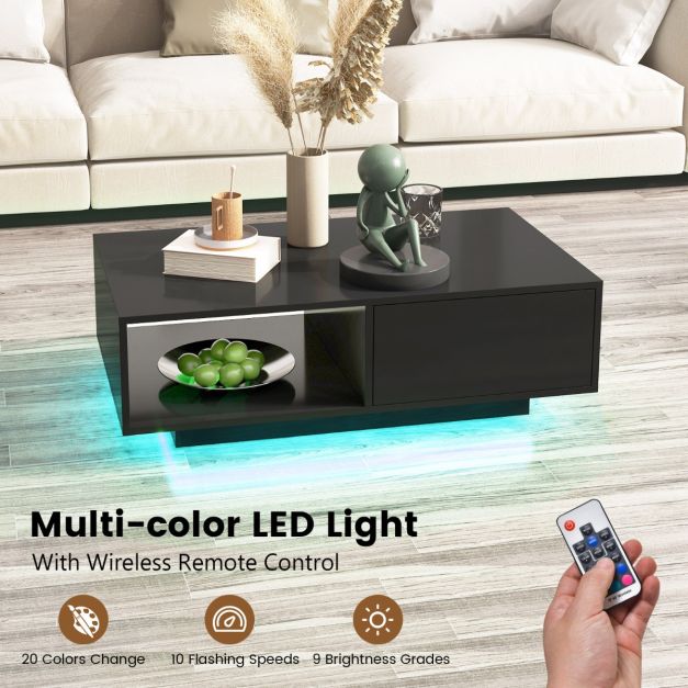 Coast Table basse LED High Gloss - Avec télécommande, tiroir et compartiment ouvert - 95 x 55 x 31 cm - MDF/Bois composite - Noir