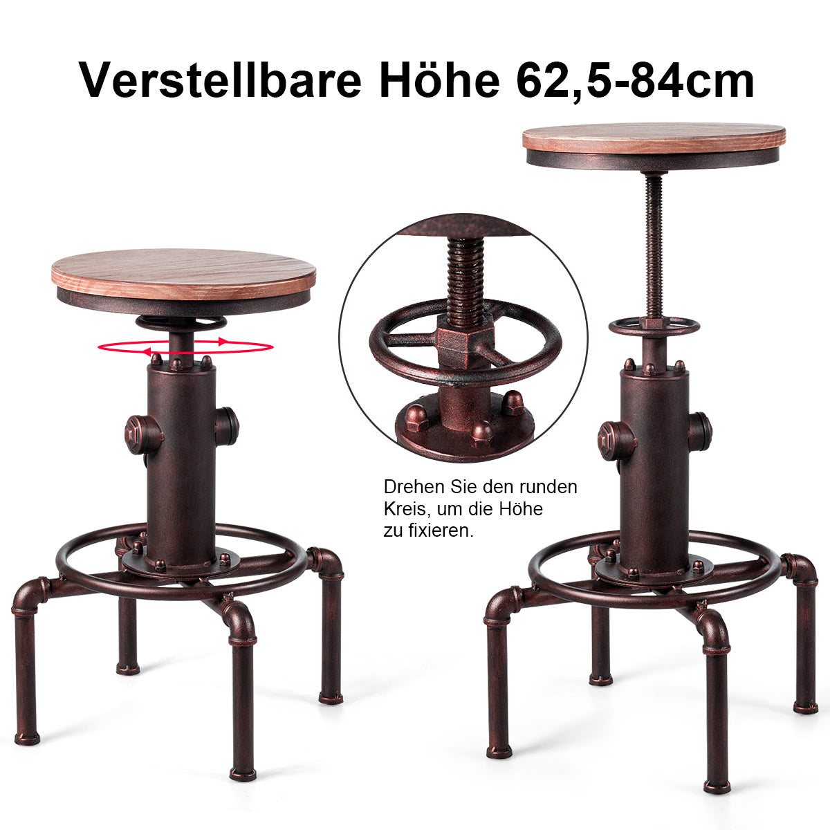 Coast Tabouret de bar - Industriel - Max. 150 kg - Hauteur réglable - 44 x 44 x 75 cm - Bronze