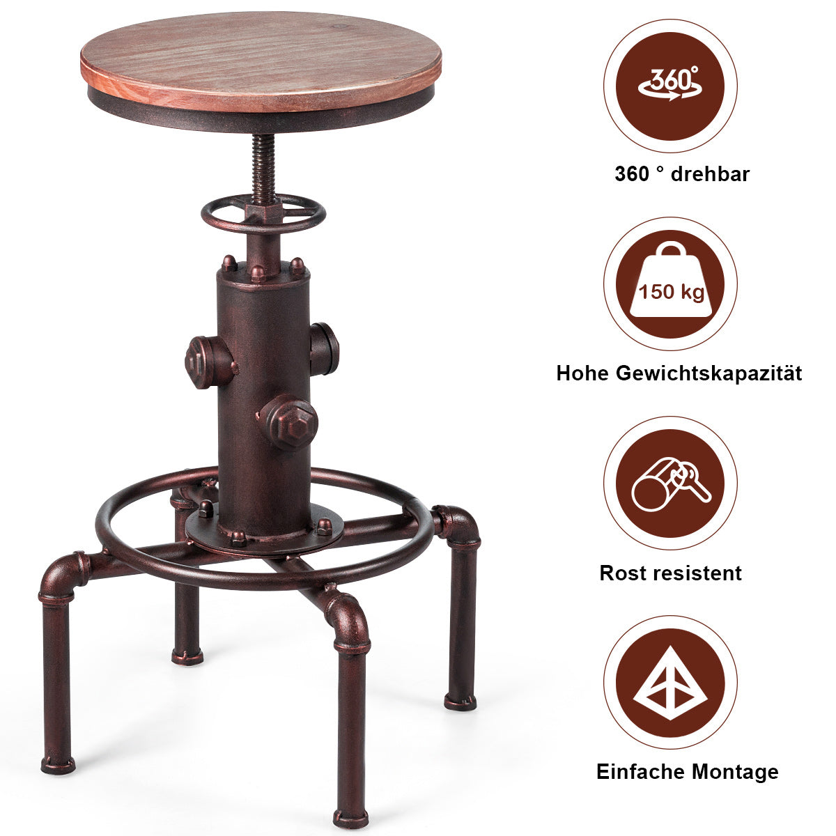 Coast Tabouret de bar - Industriel - Max. 150 kg - Hauteur réglable - 44 x 44 x 75 cm - Bronze