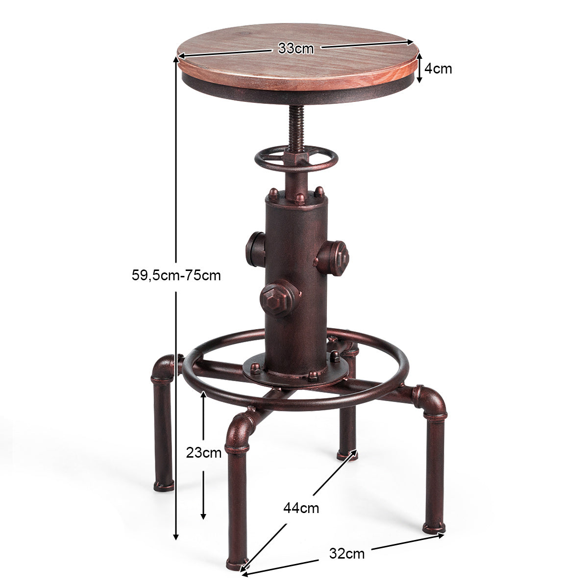 Coast Tabouret de bar - Industriel - Max. 150 kg - Hauteur réglable - 44 x 44 x 75 cm - Bronze