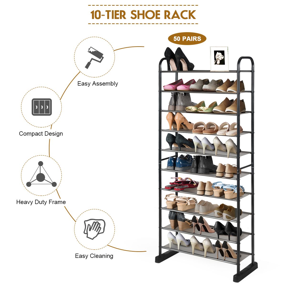 Rangement pour chaussures à 10 niveaux - amovible - 66 x 29 x 152 cm - noir