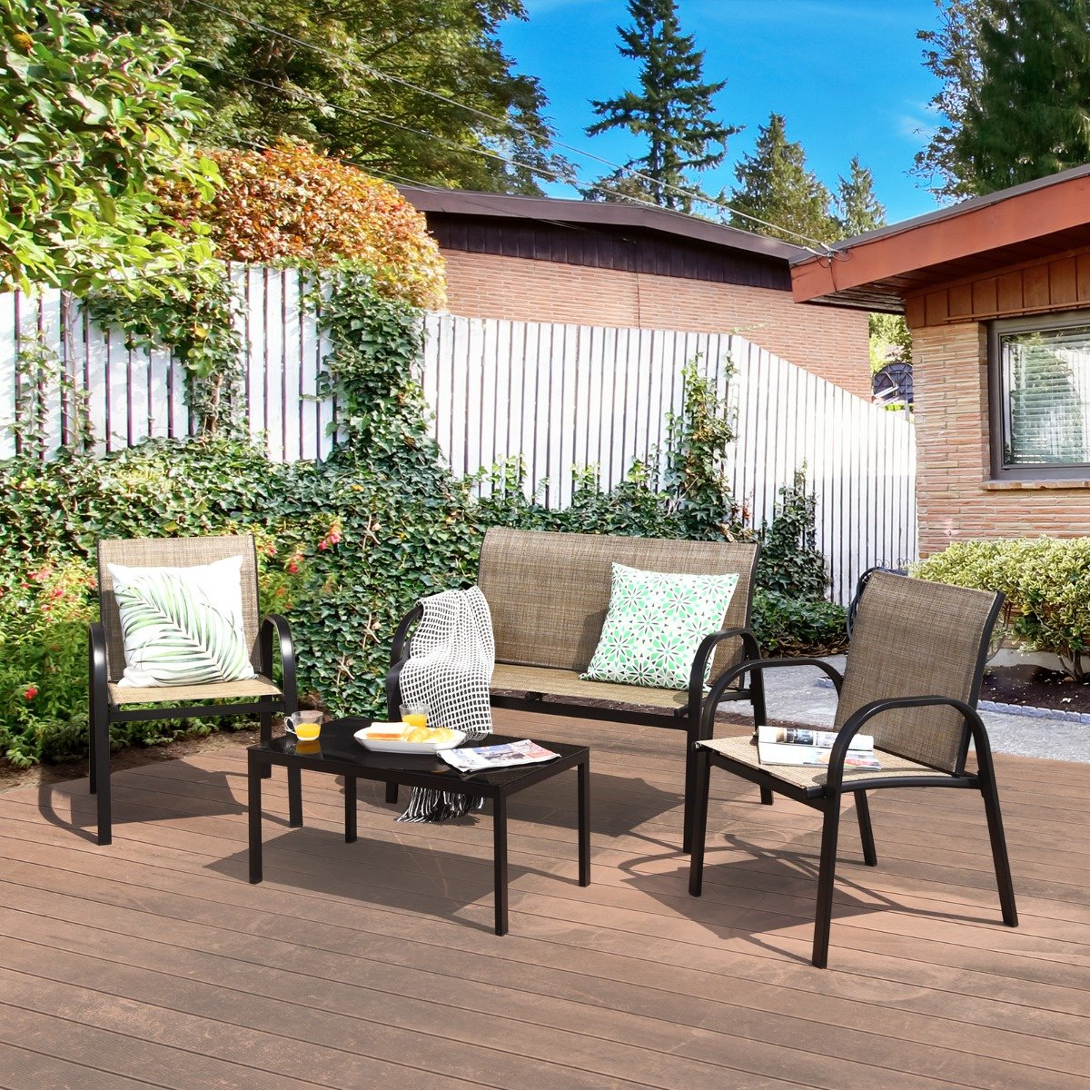 Coast 4-Piece Garden Furniture Set - Sofa 2 Chairs and Coffee Table - Brown - Metal/Fabric/Toughened Glass