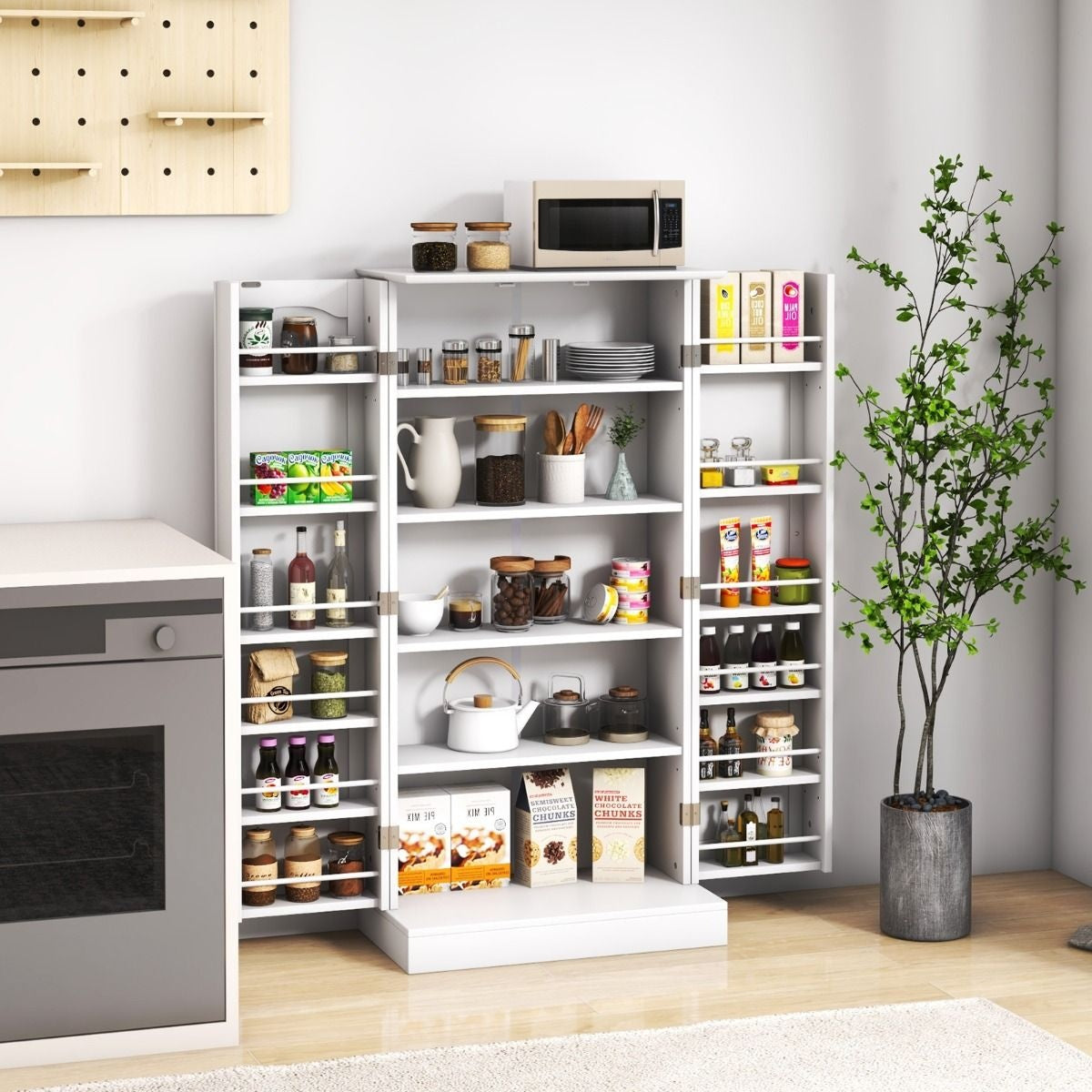 Coast Armoire de cuisine - 60 x 40 x 120.5 cm & 17 étagères de rangement - Equipée d'étagères réglables et d'une protection contre l'inclinaison - Pour la cuisine, la salle à manger et le salon - Mdf blanc et métal