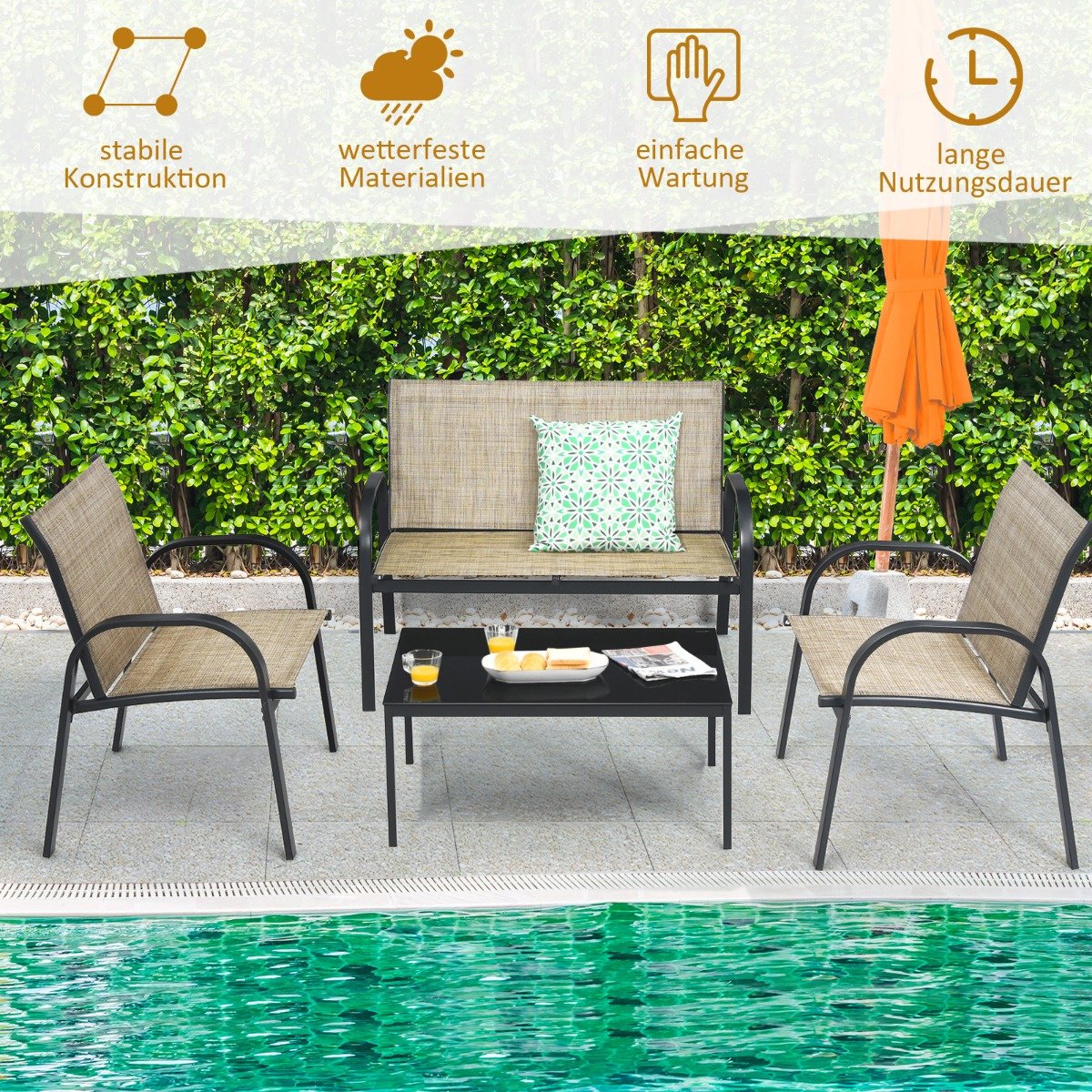 Coast 4-Piece Garden Furniture Set - Sofa 2 Chairs and Coffee Table - Brown - Metal/Fabric/Toughened Glass