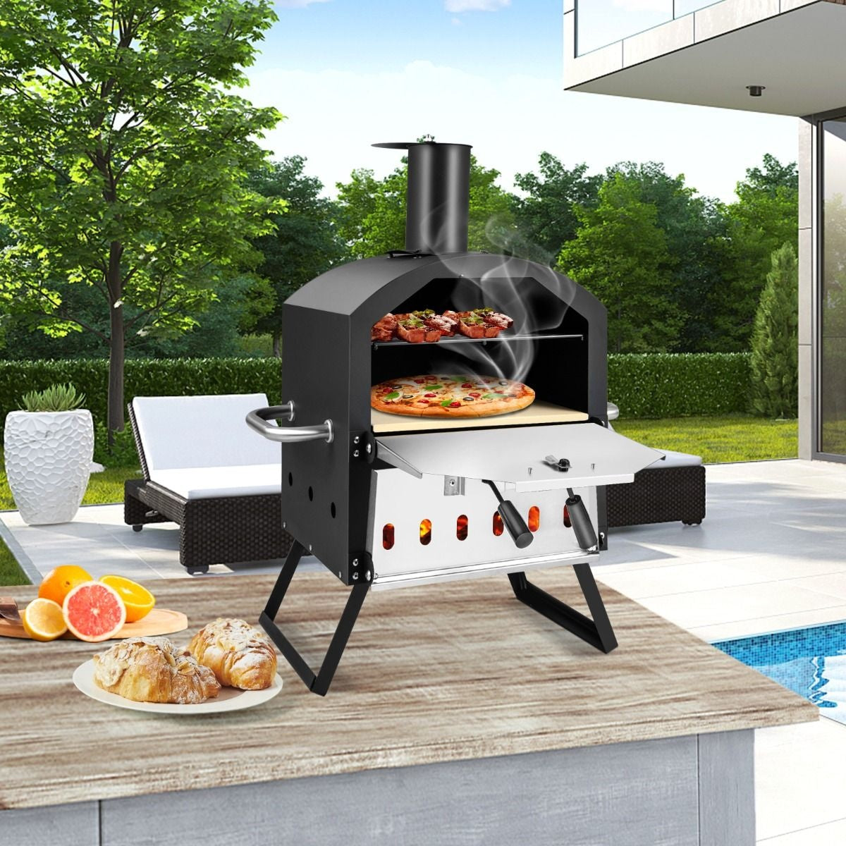 Four à pizza d'extérieur Coast à deux étages - avec pelle à pizza - plateau central amovible - portable - 54 x 31 x 72 cm - noir