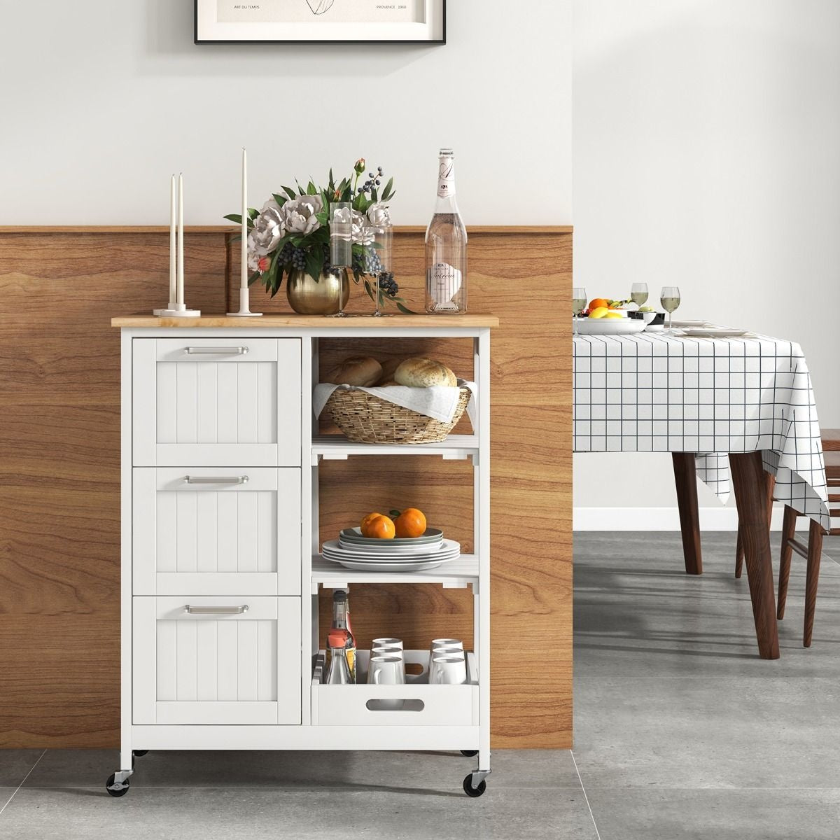 Servante Coast à roulettes - 3 tiroirs - plateau en bois d'hévéa - 67 x 37 x 83,5 cm - blanc