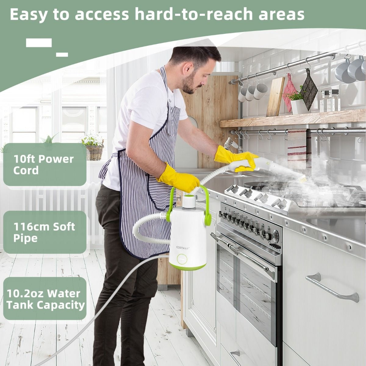 Coast Hand Steam Cleaner - avec 10 accessoires - 1000W - 300ML Capacité d'eau - 14 x 12 x 25 cm - Vert/Blanc