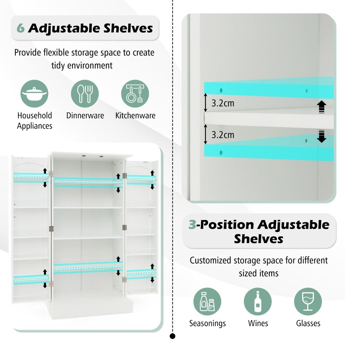 Coast Armoire de cuisine - 60 x 40 x 120.5 cm & 17 étagères de rangement - Equipée d'étagères réglables et d'une protection contre l'inclinaison - Pour la cuisine, la salle à manger et le salon - Mdf blanc et métal